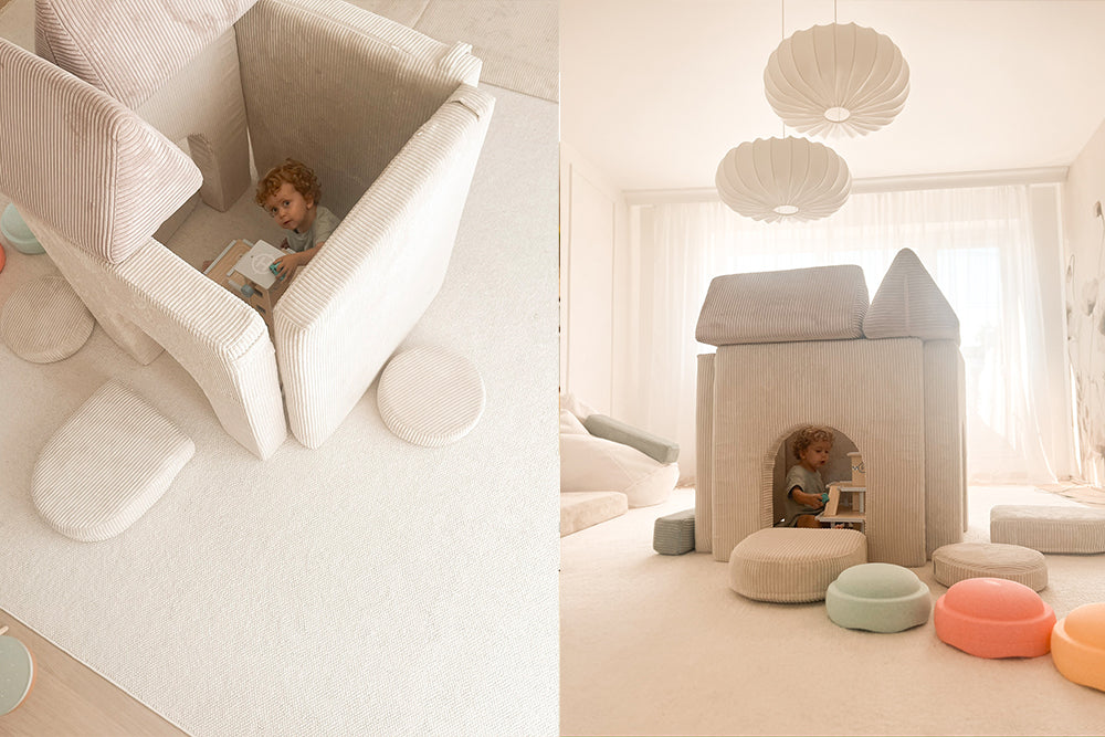 Child inside a corduroy hideaway built with Arches