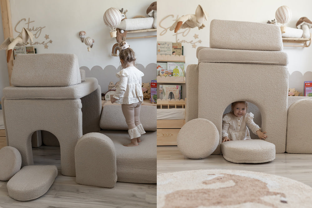 Children playing in builds made with Arches Teddy