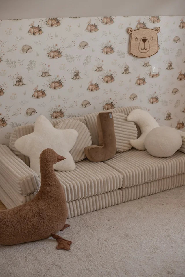 Waffle sofa styled in a family room