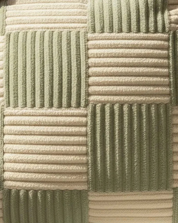 Close-up of the Check Cushion patchwork in Matcha Vanilla