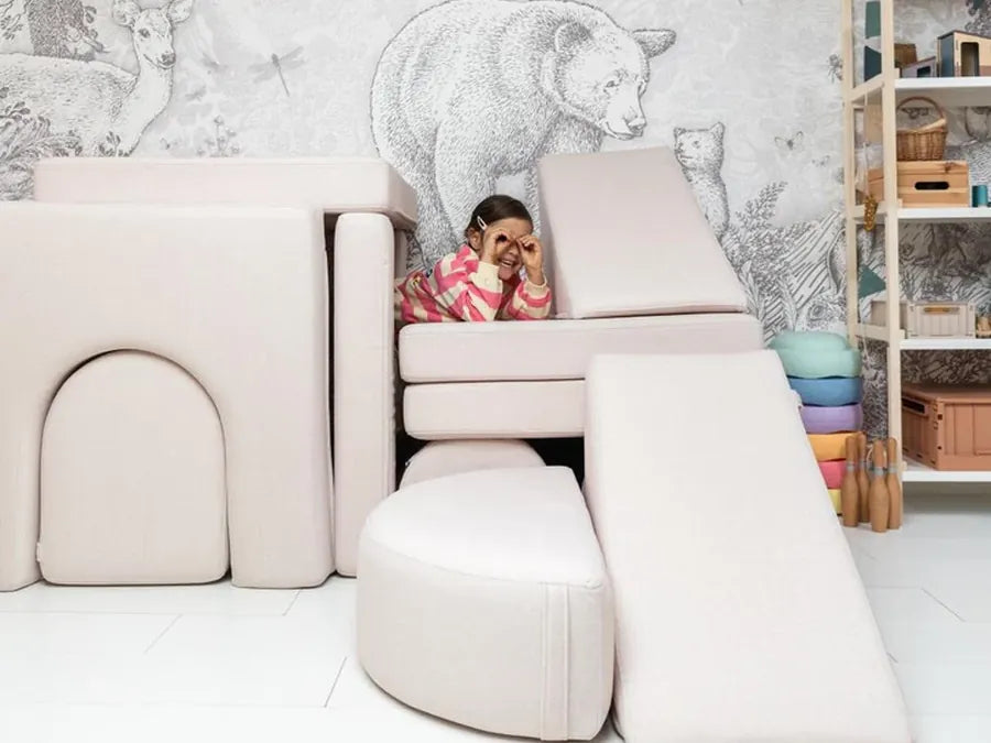 Play Sofa Original Soft Beige rebuilt for play together with Arches and extra modules