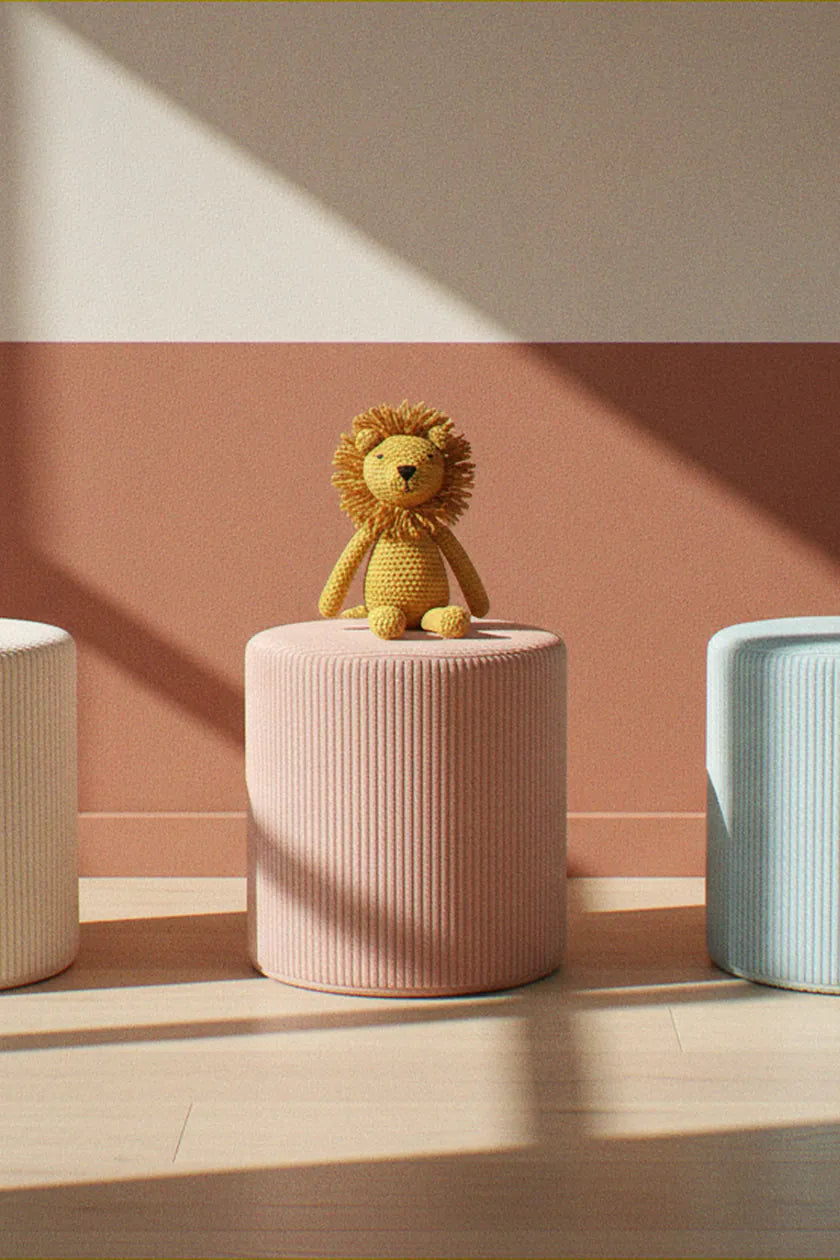 Shappy Pouf Corduroy in Candy and Sky Sugar with a toy lion