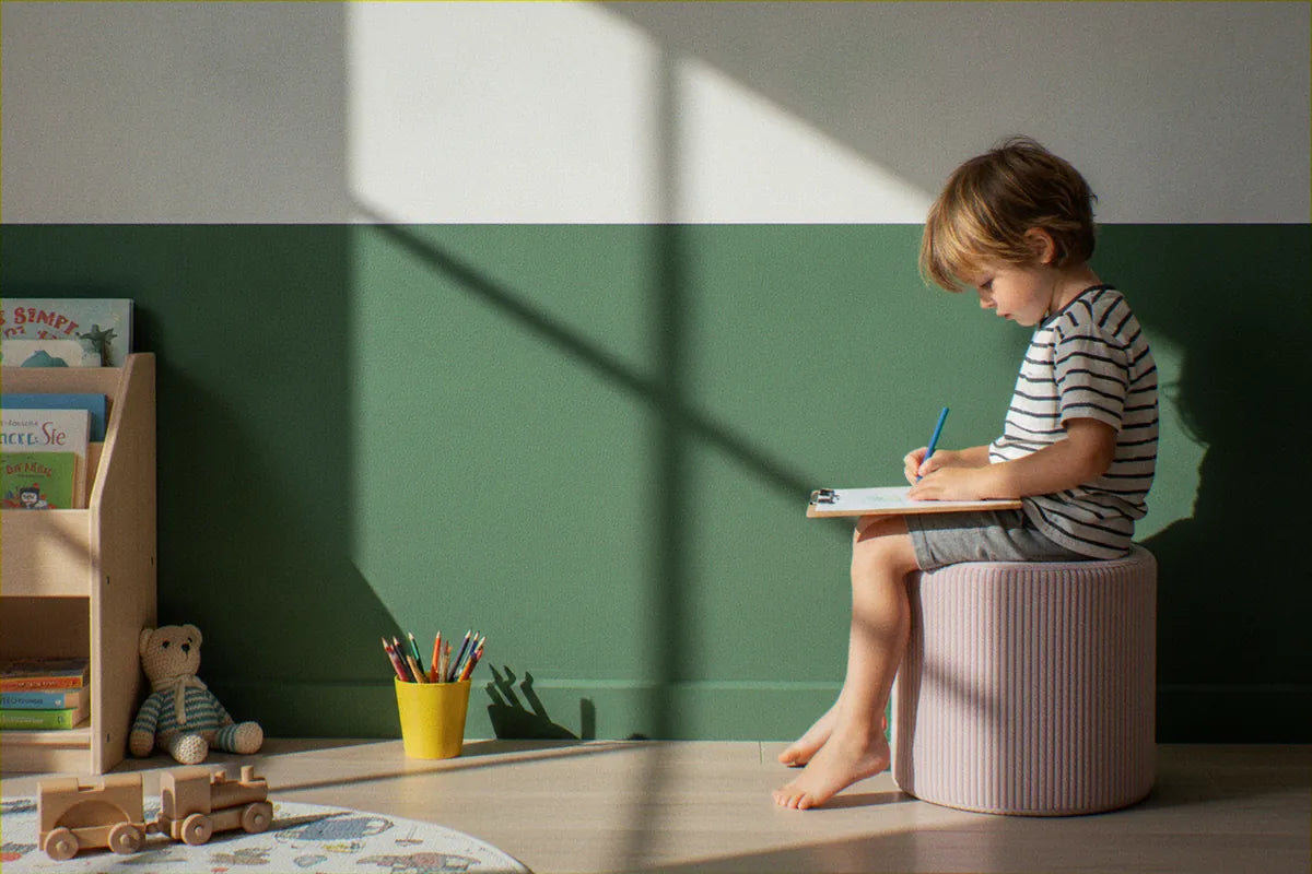 Boy drawing while sitting on Shappy Pouf Corduroy Candy