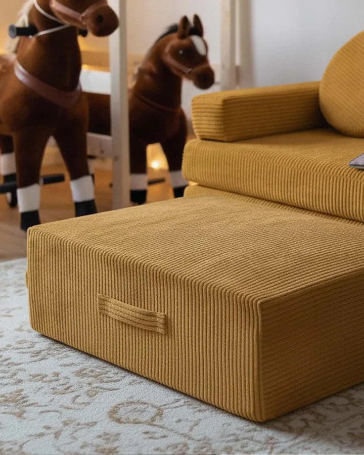 Trampoline Pure Corduroy Honey in front of a Play Sofa