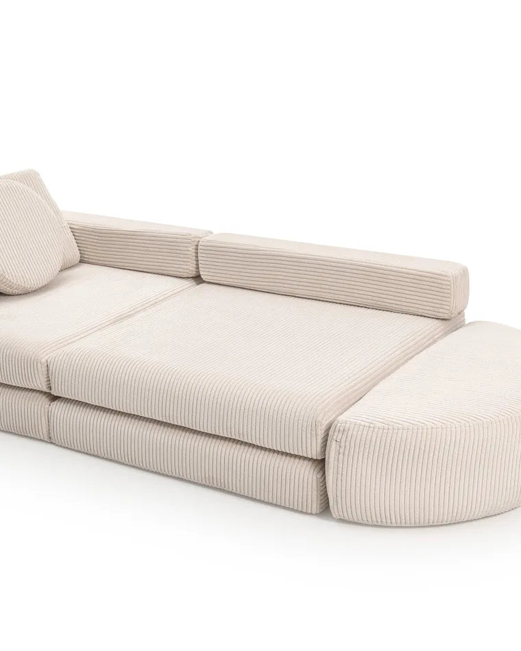 Rocker Corduroy in Vanilla at the end of the opened play sofa