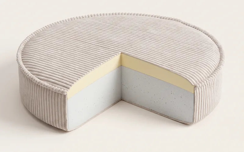 Inside Yuka: two foams under a corduroy cover